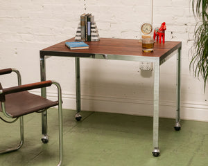 Vintage Chrome and Walnut Table with Castors