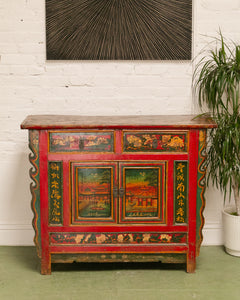 Hand Painted Ornate Cabinet with Flowers from Tibet circa 1920's