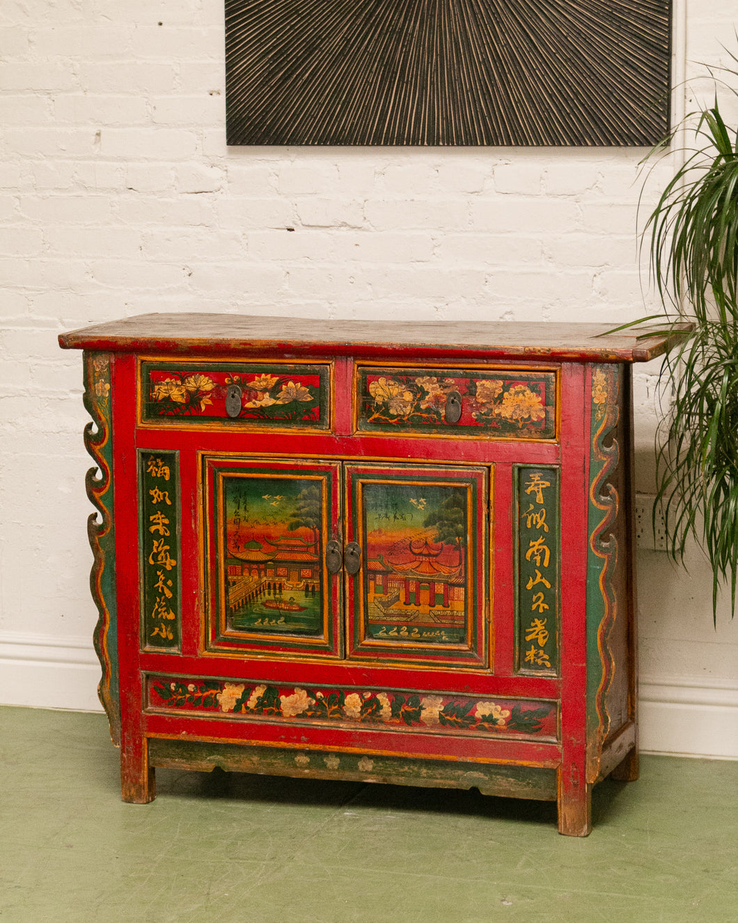 Hand Painted Ornate Cabinet with Flowers from Tibet circa 1920's