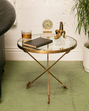 Load image into Gallery viewer, Gilt Metal Tripod Arrow Glass Top Table
