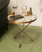 Load image into Gallery viewer, Gilt Metal Tripod Arrow Glass Top Table
