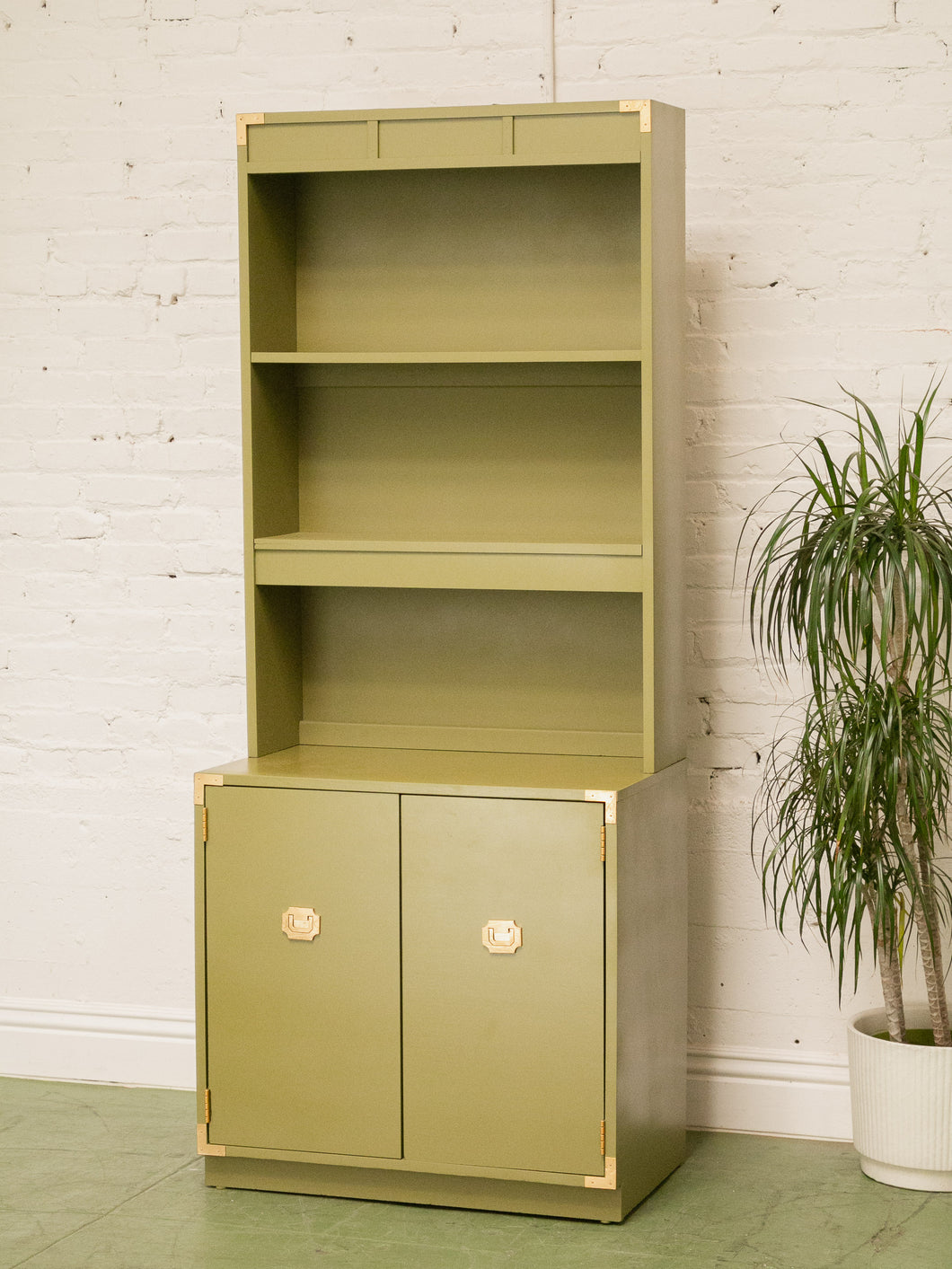 Vintage Olive Green Campaign Style Bookshelf/Hutch Cabinet