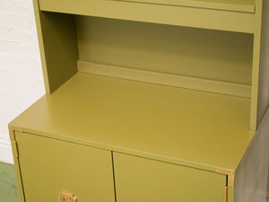 Vintage Olive Green Campaign Style Bookshelf/Hutch Cabinet