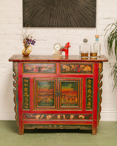 Hand Painted Ornate Cabinet with Flowers from Tibet circa 1920's