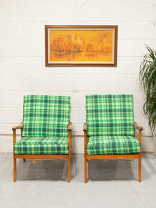 Vintage Teak Lounge Green Plaid  Reupholstered Chair