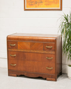 Walnut Art Deco Lowboy Dresser with Mirror