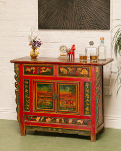 Hand Painted Ornate Cabinet with Flowers from Tibet circa 1920's