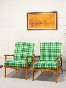 Vintage Teak Lounge Green Plaid  Reupholstered Chair