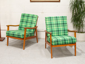 Vintage Teak Lounge Green Plaid  Reupholstered Chair