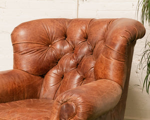 Restoration Hardware Chair and Ottoman in Tufted Leather with Label