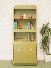 Load image into Gallery viewer, Vintage Olive Green Campaign Style Bookshelf/Hutch Cabinet
