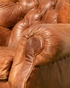 Restoration Hardware Chair and Ottoman in Tufted Leather with Label