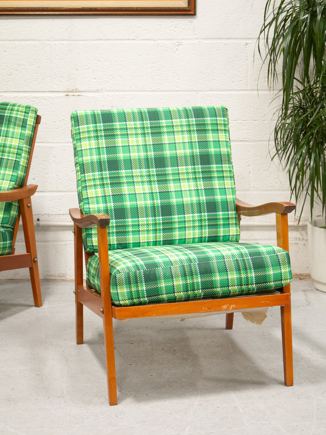 Vintage Teak Lounge Green Plaid  Reupholstered Chair