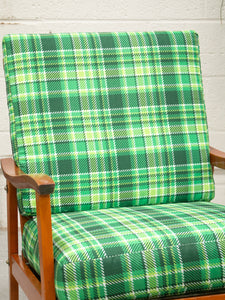 Vintage Teak Lounge Green Plaid  Reupholstered Chair