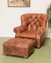 Load image into Gallery viewer, Restoration Hardware Chair and Ottoman in Tufted Leather with Label
