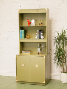 Vintage Olive Green Campaign Style Bookshelf/Hutch Cabinet