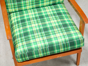 Vintage Teak Lounge Green Plaid  Reupholstered Chair