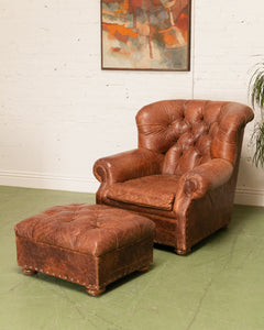 Restoration Hardware Chair and Ottoman in Tufted Leather with Label