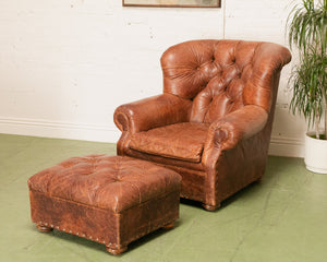 Restoration Hardware Chair and Ottoman in Tufted Leather with Label