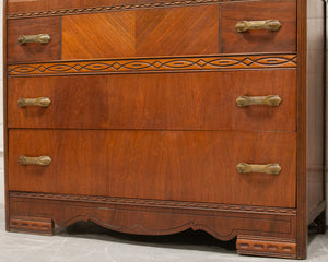 Walnut Art Deco Lowboy Dresser with Mirror