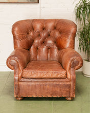 Load image into Gallery viewer, Restoration Hardware Chair and Ottoman in Tufted Leather with Label
