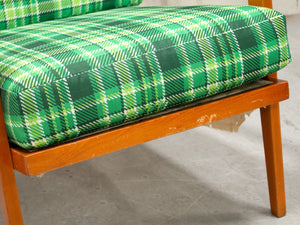 Vintage Teak Lounge Green Plaid  Reupholstered Chair