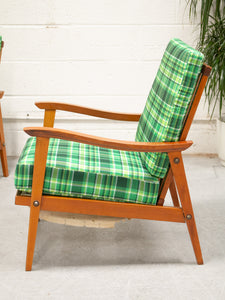 Vintage Teak Lounge Green Plaid  Reupholstered Chair