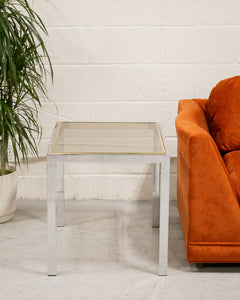 Chrome Side Table with Smoke Glass and Brass Accents