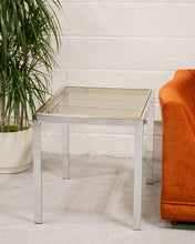 Load image into Gallery viewer, Chrome Side Table with Smoke Glass and Brass Accents
