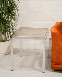 Chrome Side Table with Smoke Glass and Brass Accents