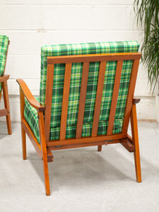 Vintage Teak Lounge Green Plaid  Reupholstered Chair