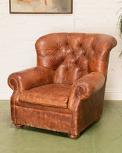 Load image into Gallery viewer, Restoration Hardware Chair and Ottoman in Tufted Leather with Label
