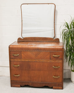 Walnut Art Deco Lowboy Dresser with Mirror