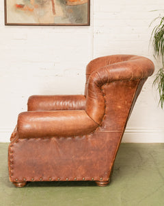 Restoration Hardware Chair and Ottoman in Tufted Leather with Label