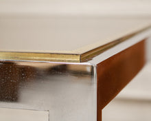 Load image into Gallery viewer, Chrome Side Table with Smoke Glass and Brass Accents
