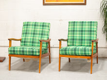 Load image into Gallery viewer, Vintage Teak Lounge Green Plaid  Reupholstered Chair
