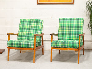 Vintage Teak Lounge Green Plaid  Reupholstered Chair