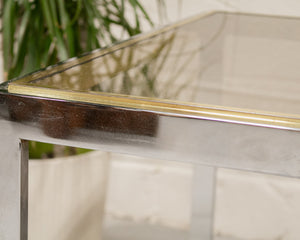 Chrome Side Table with Smoke Glass and Brass Accents