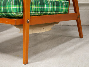 Vintage Teak Lounge Green Plaid  Reupholstered Chair