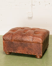 Load image into Gallery viewer, Restoration Hardware Chair and Ottoman in Tufted Leather with Label
