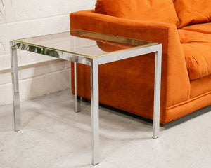 Chrome Side Table with Smoke Glass and Brass Accents