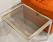 Load image into Gallery viewer, Chrome Side Table with Smoke Glass and Brass Accents
