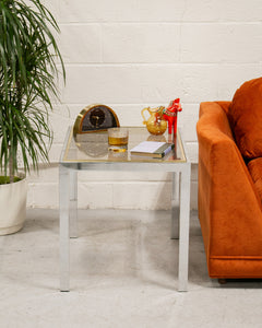 Chrome Side Table with Smoke Glass and Brass Accents