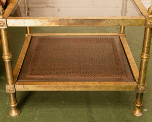 Pair of Maison Jansen Neoclassical Gilt Metal & Wicker Side Tables