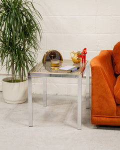 Chrome Side Table with Smoke Glass and Brass Accents