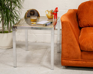 Chrome Side Table with Smoke Glass and Brass Accents