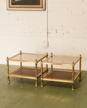 Load image into Gallery viewer, Pair of Maison Jansen Neoclassical Gilt Metal &amp; Wicker Side Tables
