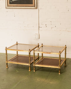 Pair of Maison Jansen Neoclassical Gilt Metal & Wicker Side Tables