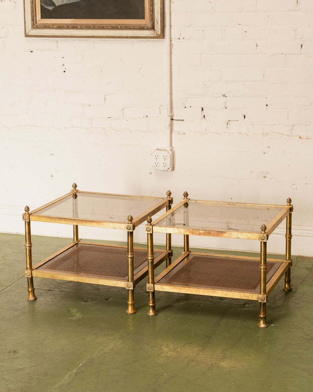 Pair of Maison Jansen Neoclassical Gilt Metal & Wicker Side Tables