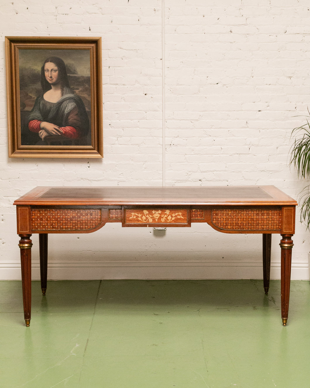 Early 19th Century Neoclassical Louis XVI Style Mahogany With Inlaid Satinwood & Leather Top Writing Desk